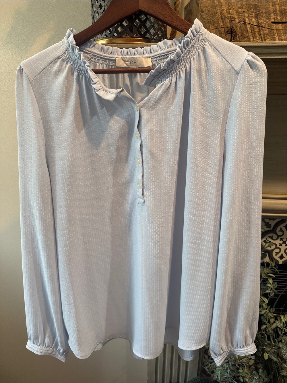 LOFT Pale Blue Ruffled-Neck Button Placket Blouse